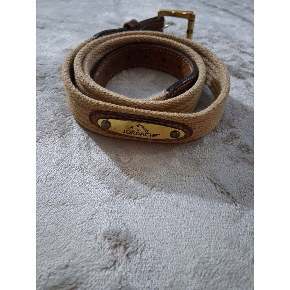 Jordache Vintage Leather Canvas Belt Tan Brown 80s 29.5" - 35" Gold Tone Womens